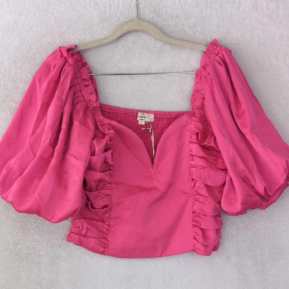 Entro‎ Junior's Hot Pink Satin Barbiecore Smocked Puff Sleeve Top Size L